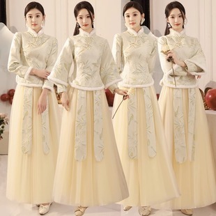 Chinoiserie Bridesmaid Dress Winter Velvet Thickeneding 2025 New Long-Sleeved Chinoiserie Bridesmaid Dress Sister Group Warm and High-End