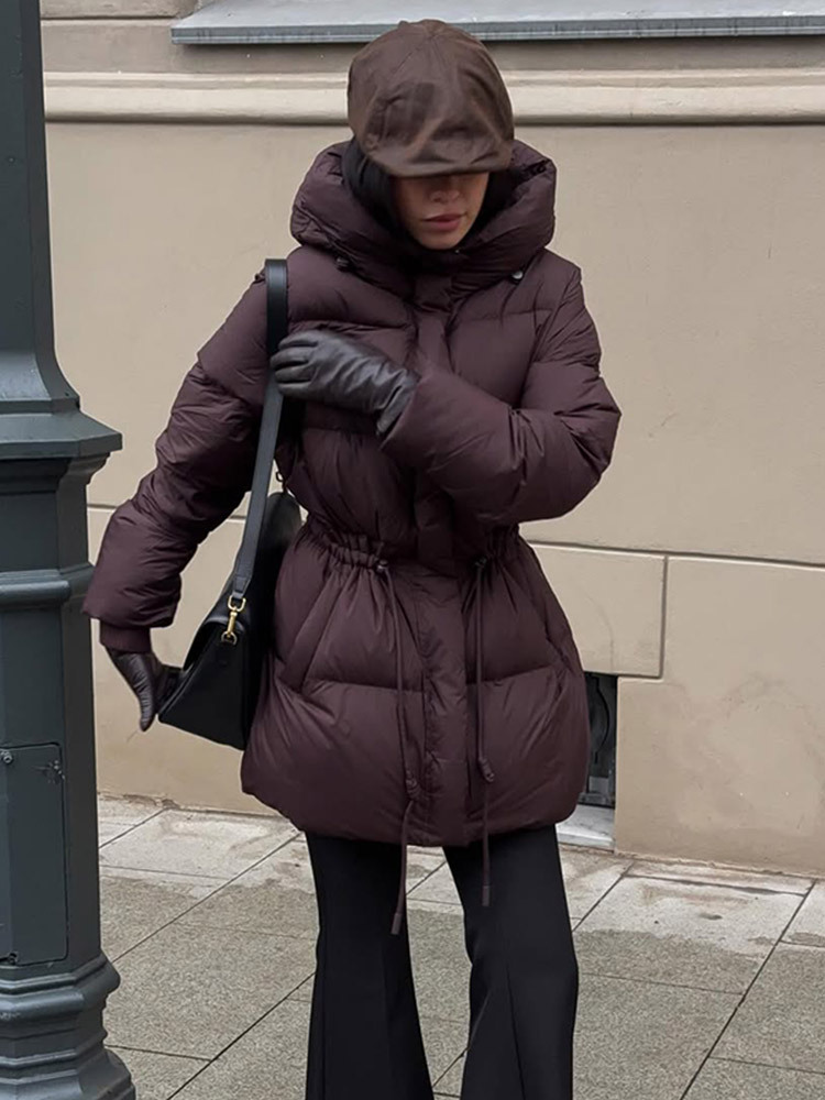 Casual estilo cálido color sólido encapuchado mangas largas abrigo de algodón de cintura retractable 2025 otoño y invierno nuevo estilo transfronterizo de Europa y Estados Unidos