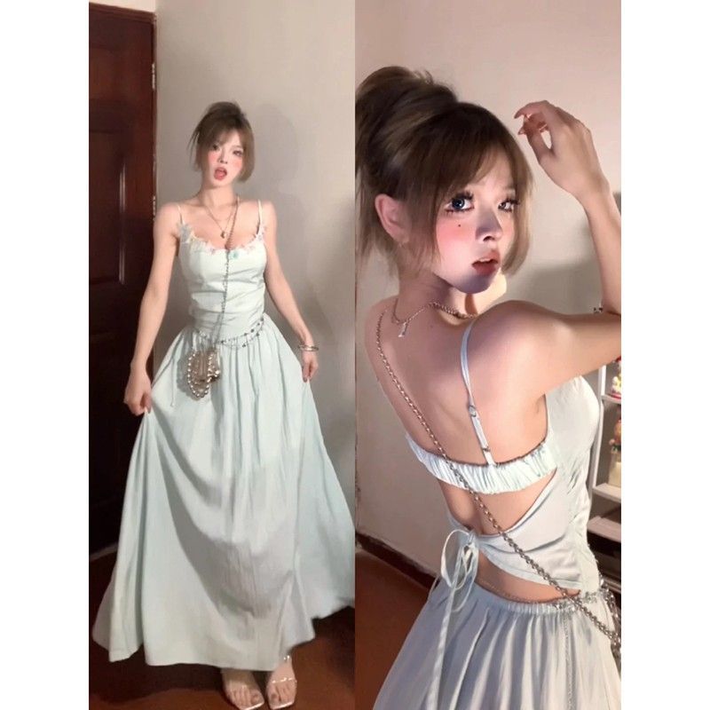 Green Backless Suspender Dress for Women Summer Seaside Vacation French High-End Elegant Waist A-Line Long Skirt Green Backless Suspender Dress for Women Summer Seaside Vacation French High-End Elegant Waist A-Line Long Skirt
