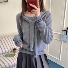 秋季2025新款全羊毛海军领长袖针织衫减龄女装胖显瘦遮肉毛衣上衣