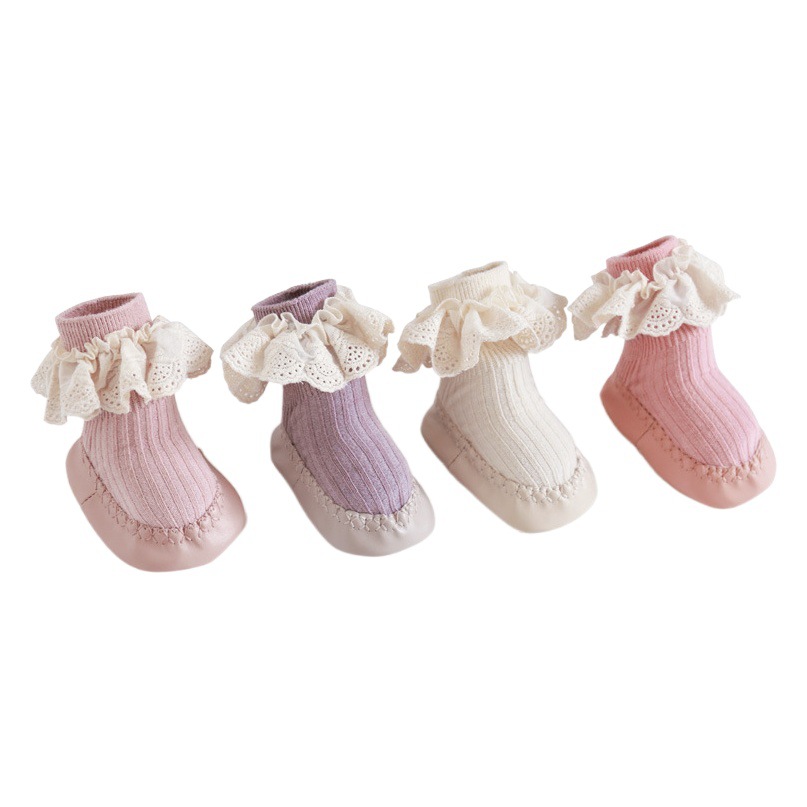 23 nuevos zapatos de piso de bebé y calcetines de fondo suave media pantorrilla anti-gota encaje de algodón lindo princesa bebé niño calcetines Zapatos