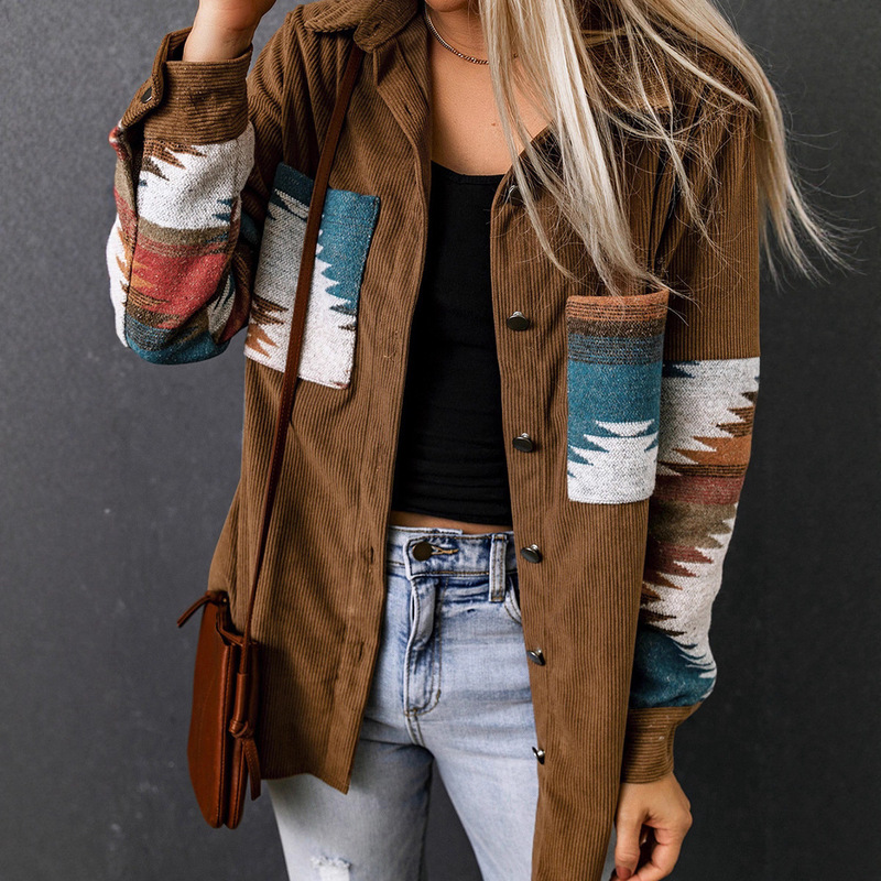 Shiying Autumn and Winter New Aztec Pattern Corduroy Cardigan Jacket for Women European and American Export Mid-Length Jacket for Women