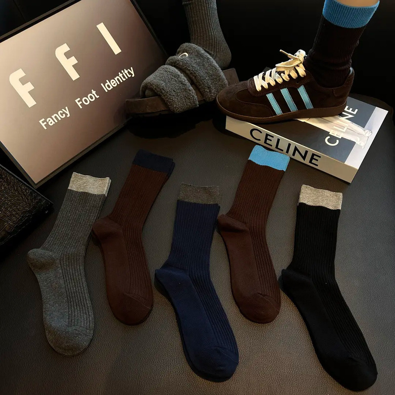 Spring and Autumn Thick Retro Navy Blue and Brown Double-Needle Pure Cotton Trendy Mid-Calf Socks, Versatile, Non-Binding, Slimming, Slouch Socks