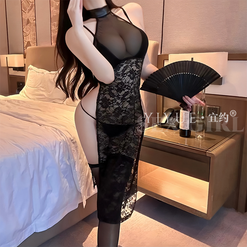 Yiyue 섹시한 속옷 Yujie 섹시한 나이트 클럽 하이 슬릿 점프 슈트 여성 레이스 유혹 유니폼 잠옷 1363