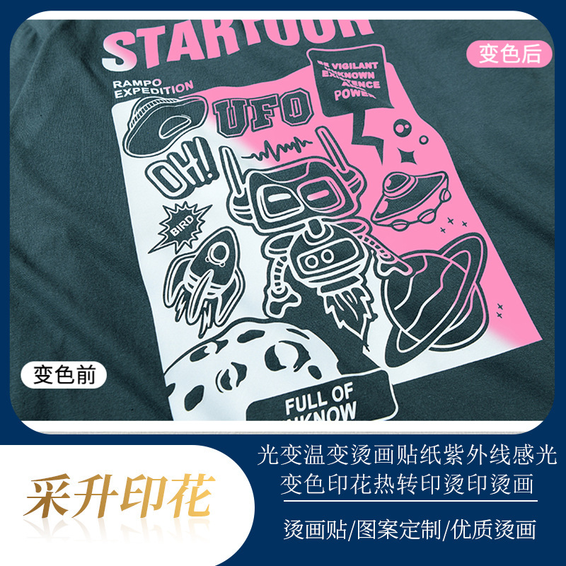 跨境光变温变烫画贴纸厂家批发紫外线感光变色服装印花热转印贴纸
