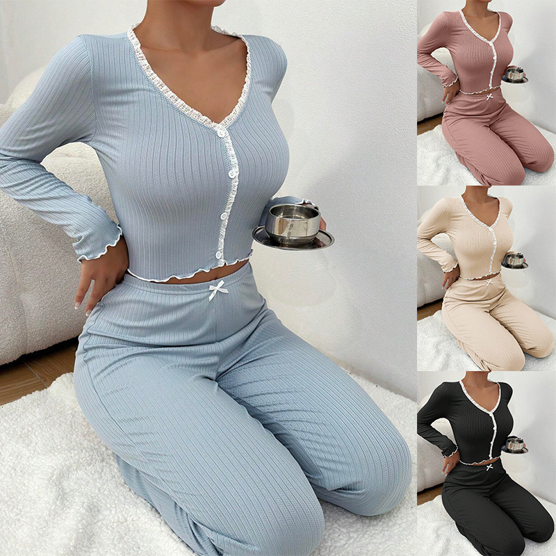 Cross-Border Amazon Summer New Long-Sleeved Women's Pajamas Trousers Slim Sexy Lace Casual Thin Home Wear Set