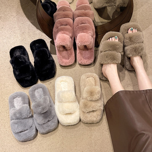 Four cm thick-soled Mao Mao slippers women's winter two-pair inner fleece-lined high and low wool quality one-word home wear drag
