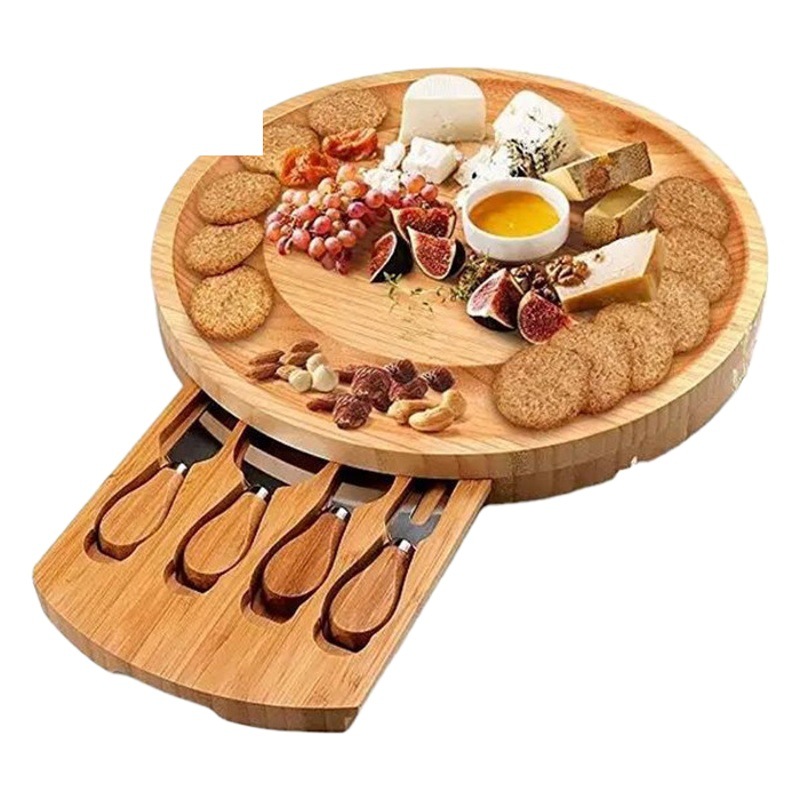 Tablero de queso de bambú traje redondo moderno cortador de queso plato de postre plato con cajón tabla de queso tabla de cortar