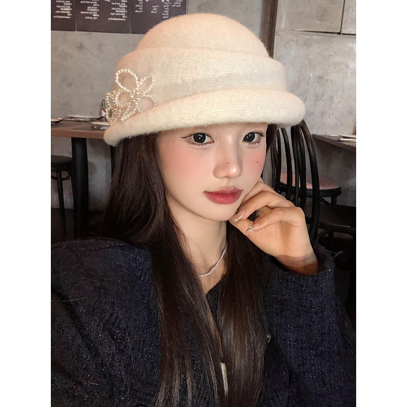 法式赫本风珍珠小花礼帽女千金风优雅气质复古百搭显脸小渔夫帽子|undefined