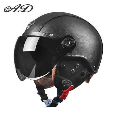 Ad Electric Motorcycle Helmet for Men and Women, All-Season Motorcycle Retro Half Helmet, Summer Cycling 3C Certified Safety (Motorcycle Safety Supplies) - 3c-leather-black-removable-ear-protection-short-sunshade-one-size-fits-all-suitable-for-head-circumference-55-62