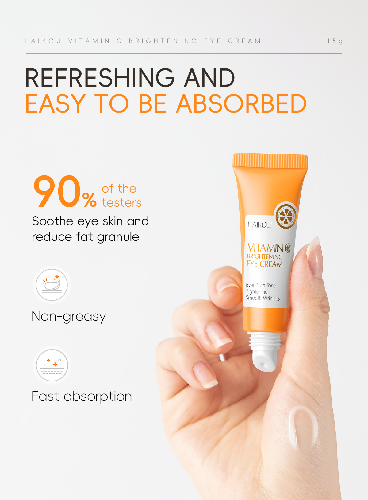 Cross-border laikou Vitamin c Eye Cream 15g hydrates, moisturizes and cares for the skin around the eyes to brighten the complexion. Factory wholesale undefined