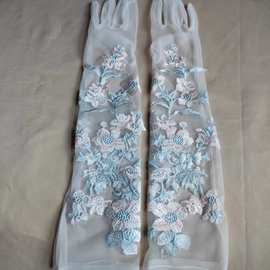 新款新娘婚纱礼服疏通 原创设计蓝色蕾丝网网纱有指加长手套