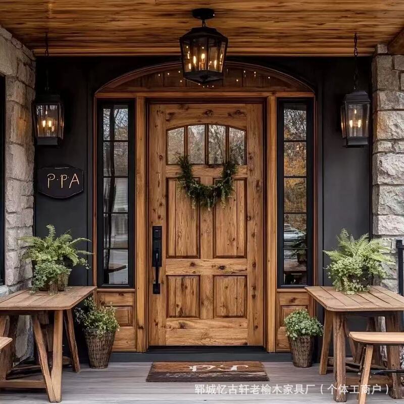 Chinese-Style Retro Old Elm Wood Main Door for Villa Courtyard, Rural Self-Built House, Weathered Texture Double-Door Entrance Door Chinese-Style Retro Old Elm Wood Main Door for Villa Courtyard, Rural Self-Built House, Weathered Texture Double-Door Entrance Door
