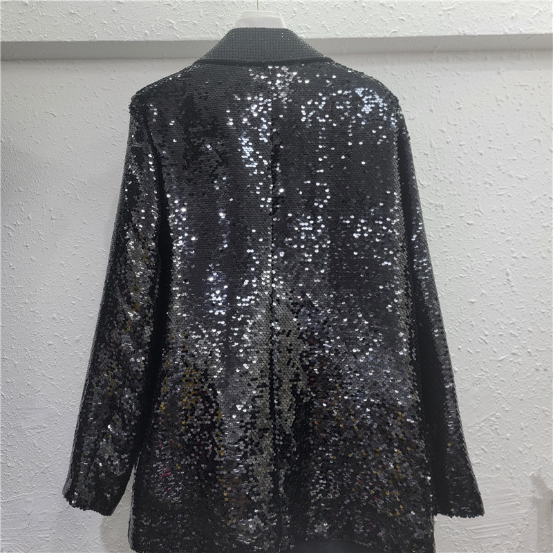 Saco de Vestir Negro Holgado con Lentejuelas de Algodón y Poliéster para Primavera