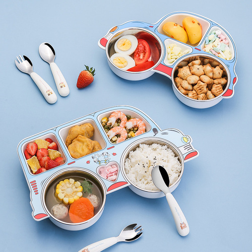 304 Stainless Steel Children's Car Dinner Plate, Removable and Washable Baby Food Bowl, Creative Cartoon Divided Plastic Plate Set