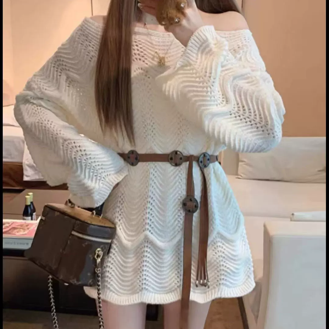 2025新款镂空针织衫长袖宽松洋气减龄腰带收腰显瘦外穿毛衣女上衣