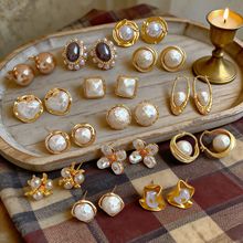 银针几何圆形镶钻珍珠耳环轻奢高级感精致耳钉气质时尚百搭耳饰女