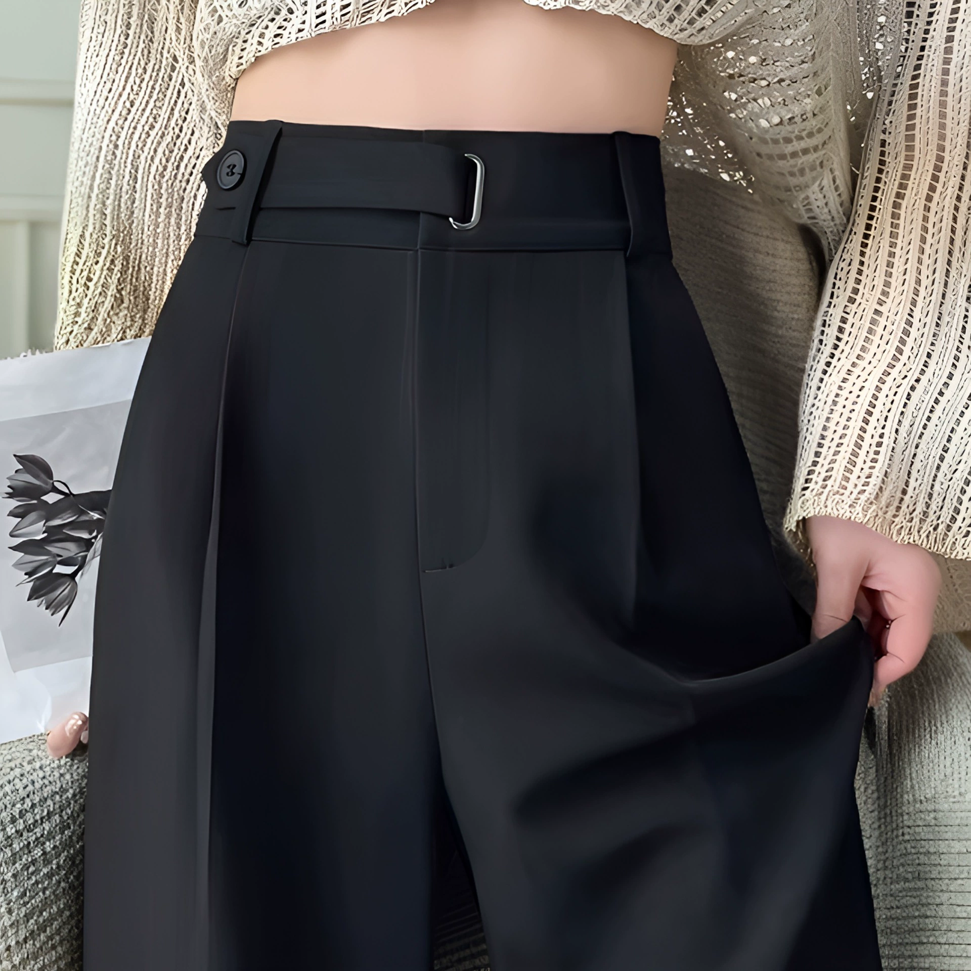 2025 весна и лето узкие брюки с широкими ногами женские свисают черные дикие большие размеры с высокой талией и тонкими свободными костюмными брюками