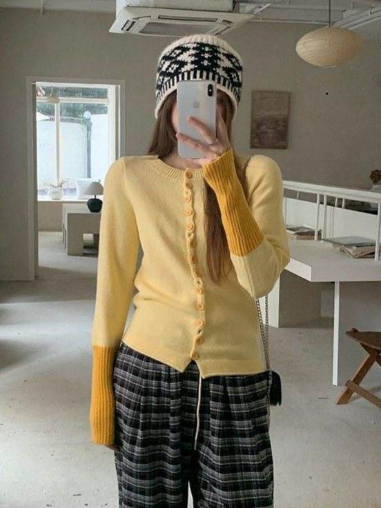 韩系多巴胺开衫黄色针织衫女秋冬季修身内搭打底衫独特绝美小上衣|undefined