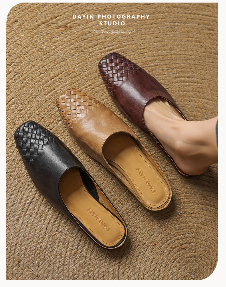 Giày mule nữ da bò mũi vuông miệng nông đế bệt — màu nâu chi tiết 2