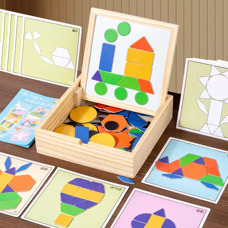 磁性几何形状七巧板拼图木盒蒙氏创意配对拼板儿童益智玩具3到6岁
