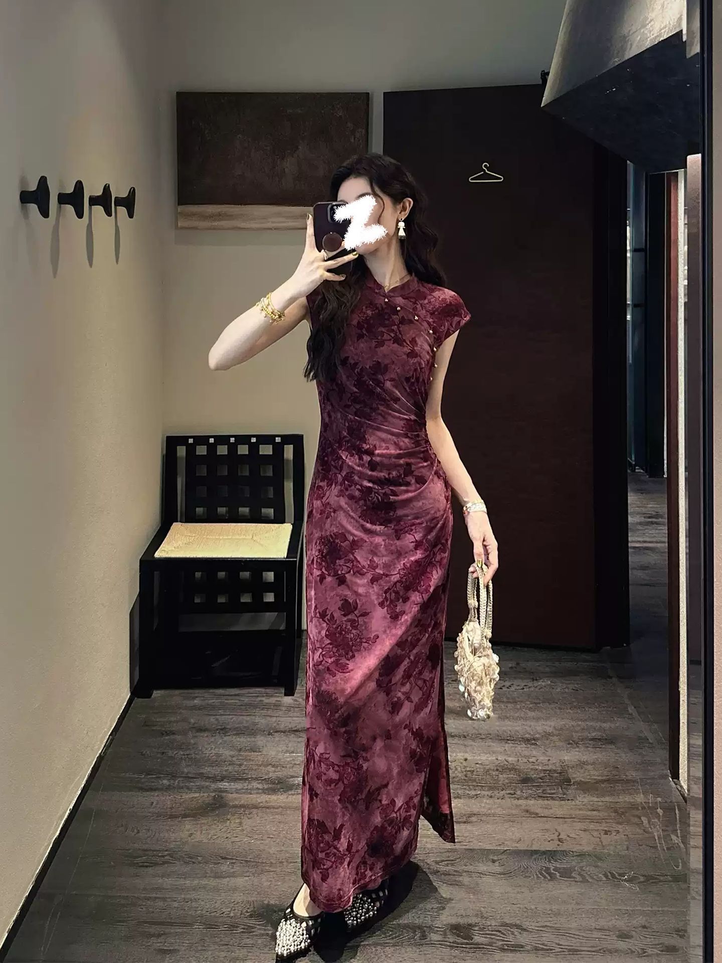Đầm maxi cải lương kiểu sườn xám nhung tăm, eo thon, xẻ tà dài — Vàng trăng, Tía đường, Xanh mây, Xanh lục chi tiết 2