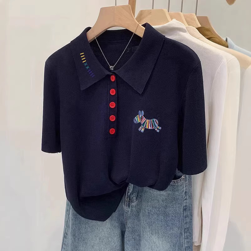 Korean-Style Minimalist Polo Collar Short-Sleeve T-Shirt with Pony Embroidery, 2026 Summer Loose Fit Versatile Slimming Casual Top Korean-Style Minimalist Polo Collar Short-Sleeve T-Shirt with Pony Embroidery, 2026 Summer Loose Fit Versatile Slimming Casual Top