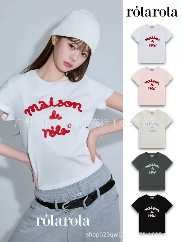 [มีสินค้าในสต็อก] เสื้อยืดแขนสั้นผู้หญิงปักตัวอักษร Rolarola สไตล์เดียวกับจางวอนยอง เสื้อผ้าเนื้อผ้าคอตตอนแท้ แมทช์ง่าย