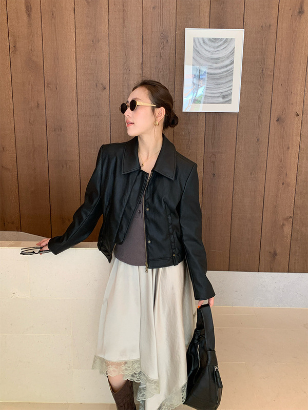 万为 复古短款皮衣外套女2025秋季新款翻领机车服PU皮夹克P2666-1|undefined