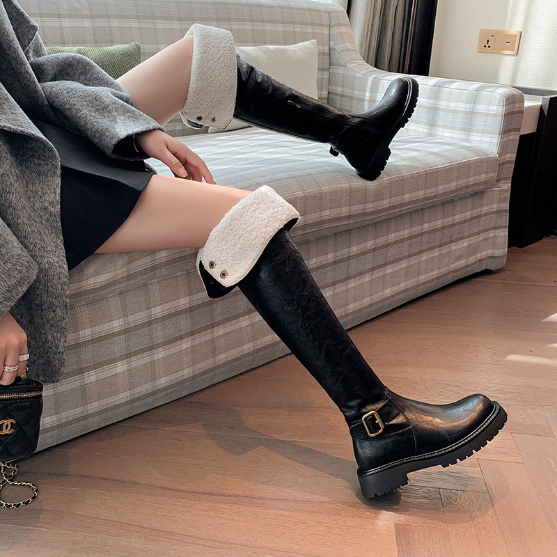 Boot nữ cổ cao qua gối hai lớp gấp gọn, lót lông cừu ấm áp, phong cách hiệp sĩ — màu đen