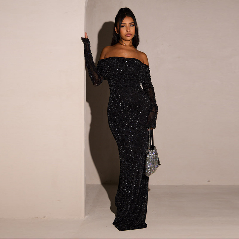 2025 comercio exterior Europa y América ropa de mujer invierno nueva línea de malla de hombro seda plateada brillante cintura sexy vestido de cadera