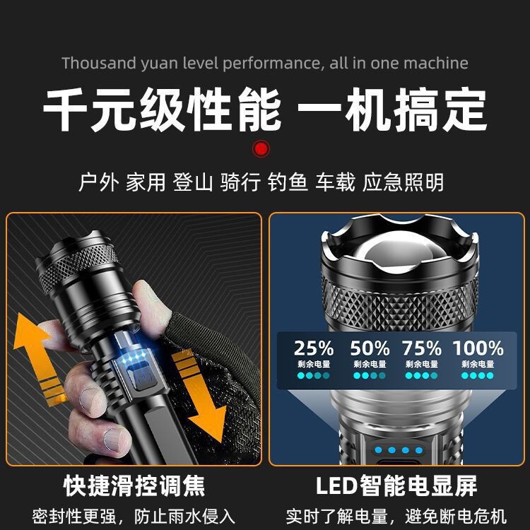 跨境爆款强光手电筒USB充电户外远射伸缩变焦家用应急便携LED手电|undefined