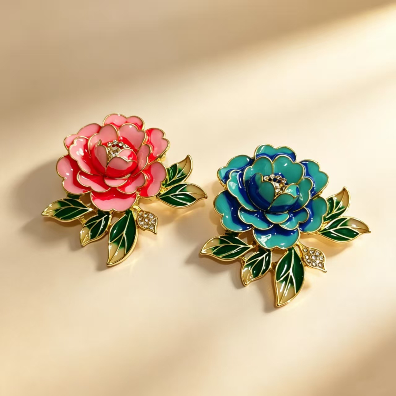Chinese-style enamel peony brooch, cheongsam, Hanfu lapel pin, suit coat floral brooch accessory manufacturer