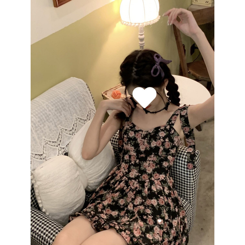 フレンチスイートレトロ花柄サスペンダードレス女性用小柄な春と夏のホットガールウエストピュアセクシーショートスカート|undefined