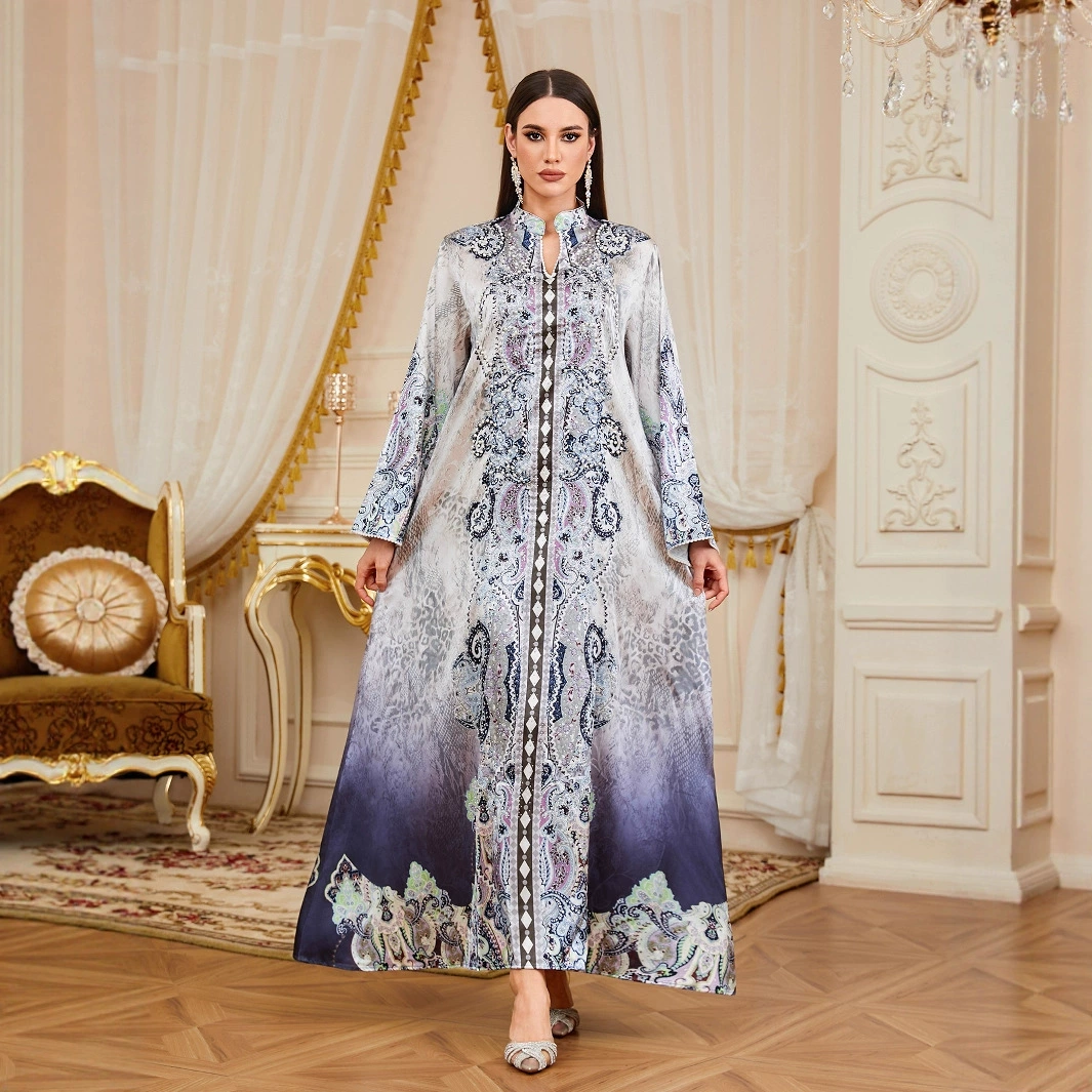 Мусульманское длинное платье-абайя с принтом, жемчужным декором, в стиле лёгкой роскоши для женщин, с длинной юбкой, для трансграничной торговли на Ближнем Востоке.