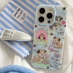 插畫藍色花園小狗適用蘋果15ProMax手機殼全包iphone13防摔12雙層