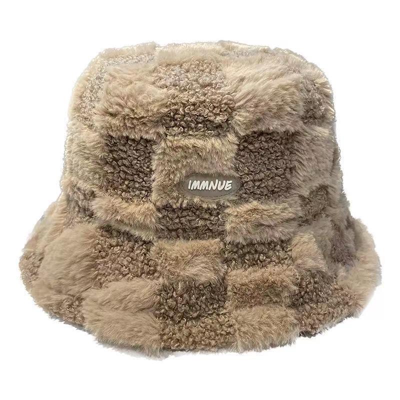 Lammsamt karierter Fischerhut für Damen im Herbst Winter, verdickter und warmer neuer Eimerhut mit Beckenbuchstaben,_voghion.com