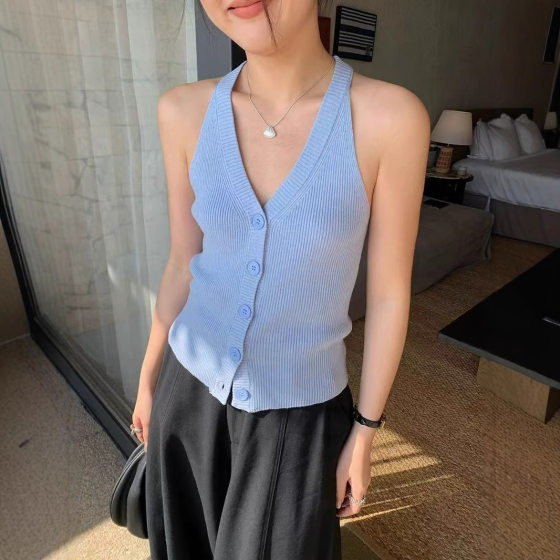 Hong Kong Style Vintage Knitted Cardigan Hanging Neck Camisole Women's Spring V-neck Dig Shoulder High-end Slim-fit Vest Top