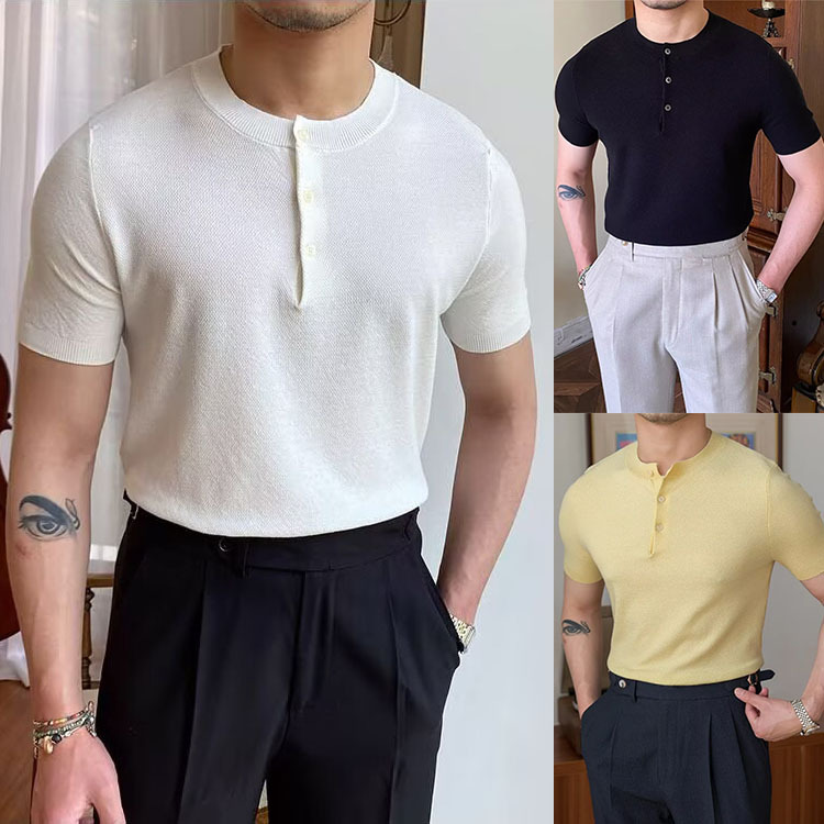 Verano nueva camiseta de cuello Henry camiseta de manga corta hombre viejo viento de negocios de hielo de verano fábrica transfronteriza al por mayor
