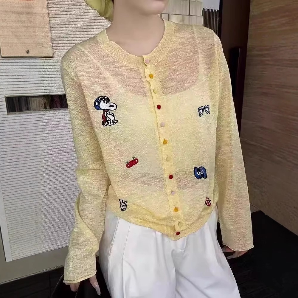 韩版圆领刺绣竹节麻长袖针织开衫女2025夏季宽松小个子防晒上衣潮