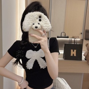 New Embroidered Bow Round Neck Right Shoulder T-Shirt Women's Summer Slim Short Top Without Rims Fixed Cup Intimates