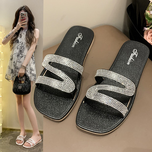 Fashion Slippers Women's Summer Outer Wear Flash Diamond Flat Bottom Slippers Household Soft Bottom Non-slip Beach Slippers Wholesale