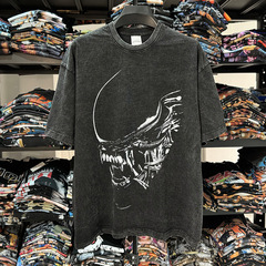 Cross-border retro shape Xenomorph printed T-shirt American Vintage wash loose heavy round neck short sleeves