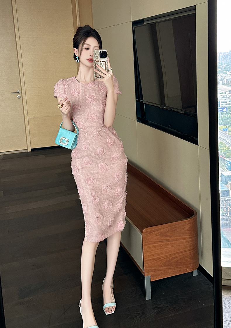 Váy dệt kim họa tiết hoa rỗng thiết kế ngọt ngào thanh lịch — Màu hồng chi tiết 10
