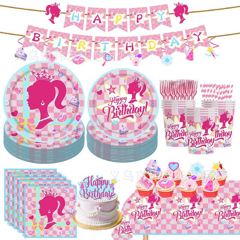 Cross-Border New Pink Barbie Birthday Party Decoration Supplies Girls Party Paper Plate Tissue Tablecloth Tableware Set