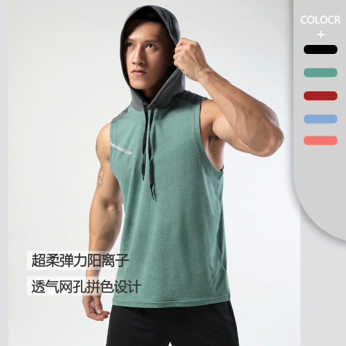 Adult Hooded Sleeveless T-Shirt Men Striped Sporty Casual Quick-Dry Top Fitness Running Backless Shirt