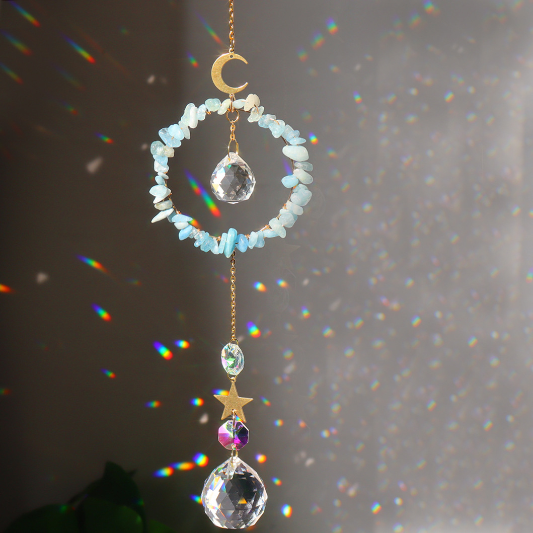 Natural Amethyst And Aquamarine Gravel Hollowed-out Moon, Star, Circle, Octagonal Bead Crystal Ball Wind Chime Sun_voghion.com