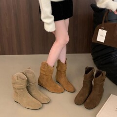 真皮内增高勃肯鞋短靴女2025春秋新款秋冬法式复古堆堆靴骑士靴子