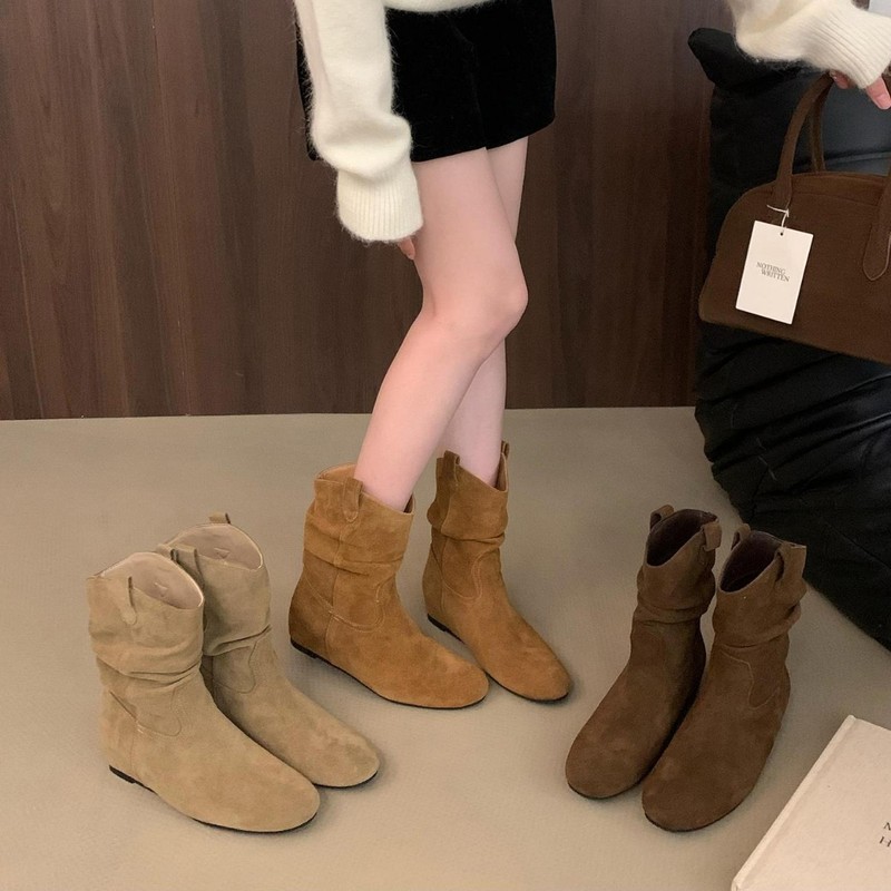 真皮内增高勃肯鞋短靴女2025春秋新款秋冬法式复古堆堆靴骑士靴子|undefined