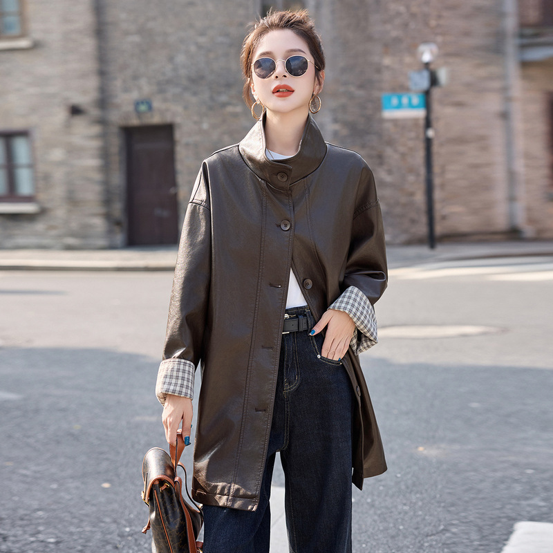 Korean Style Plaid Stitching Pu Leather Jacket for Women 2025 Autum New Versatile Fashionable Women's Windbreaker Yb3583